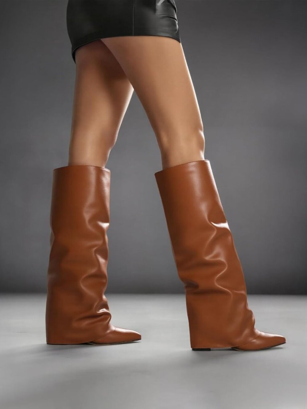 Women's Brown PU Knee High Boots Wide Calf Chunky High Heel Boots Pointed Toe - Picture 3 of 6